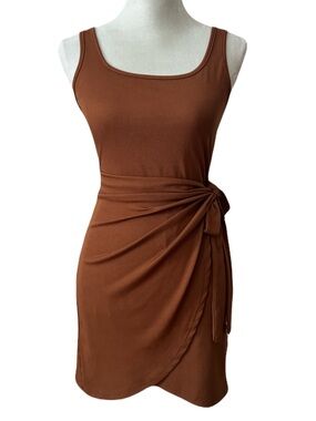 Cider Sleeveless Ruched Wrap Side-Tie Waist Mini Dress in Camel Brown